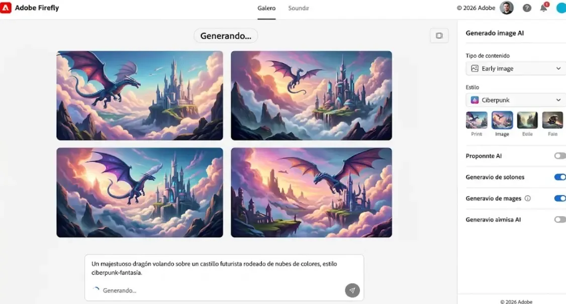 Interfaz de Adobe Firefly generando imagen IA con prompt en español en 2026