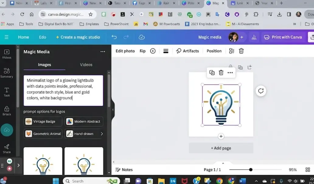 Interfaz de Canva IA con el generador Magic Media mostrando opciones de prompt para logos