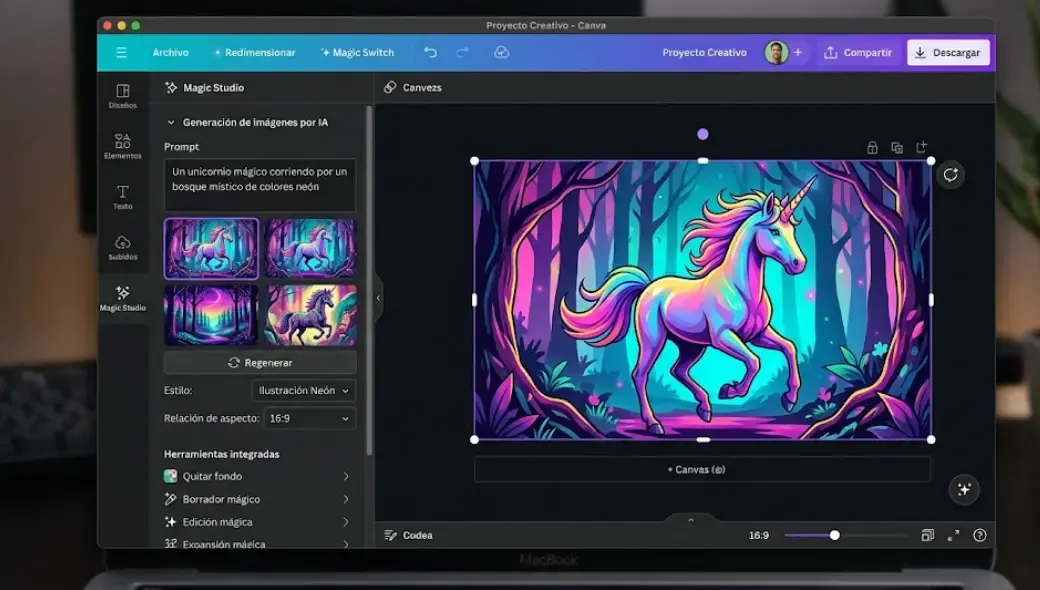 Captura del panel de Magic Studio de Canva con generación de imágenes por IA y herramientas integradas
