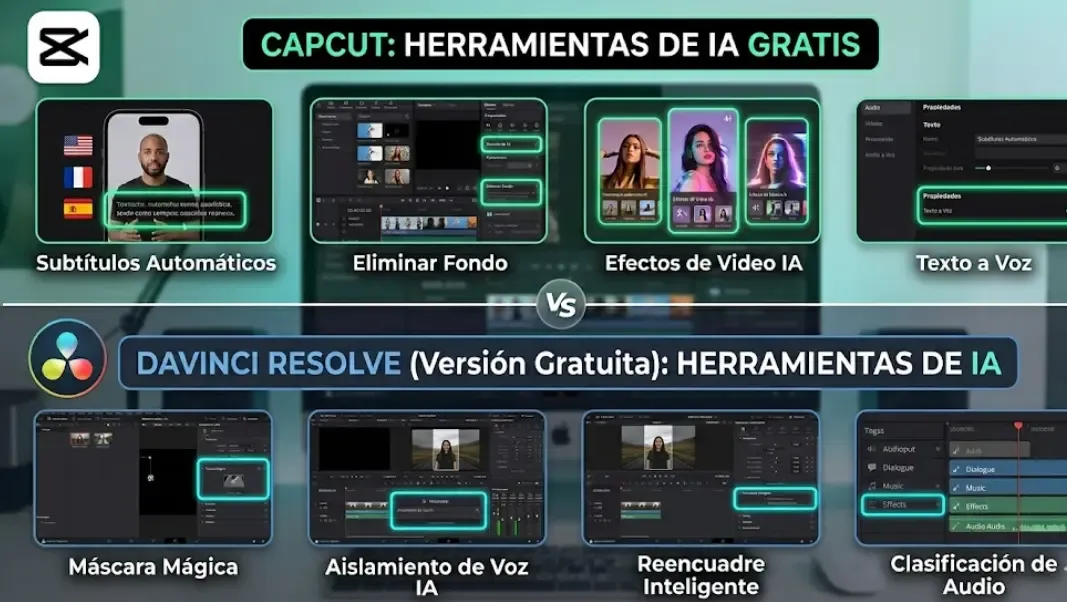Comparativa de interfaces de CapCut y DaVinci Resolve con funciones IA resaltadas