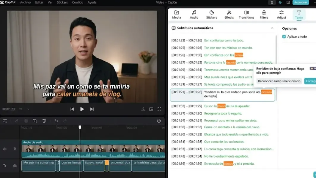 Captura de la función de subtítulos automáticos en CapCut mostrando el panel de edición de texto sincronizado y las palabras marcadas con baja confianza en naranja