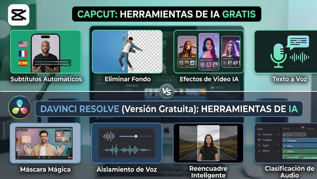 Probamos durante semanas las funciones IA de CapCut y DaVinci Resolve gratis. Spoiler: una decepciona en cuanto subes a proyectos serios y la otra tiene una curva de aprendizaje que echa a la gente. Te contamos cuál usar según tu caso real.