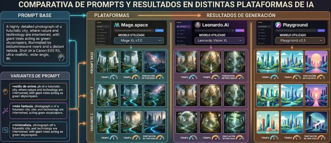 Comparativa de prompts y resultados en distintas plataformas (Mage.space, Leonardo.Ai, Playground)