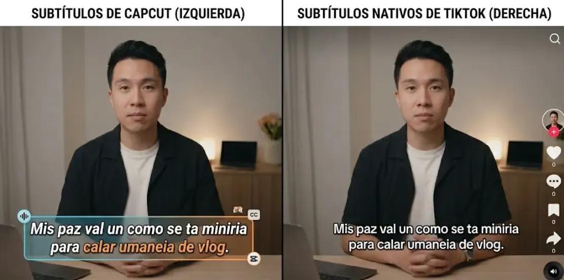 Comparación visual entre subtítulos generados con CapCut (izquierda) y los subtítulos nativos de TikTok (derecha)