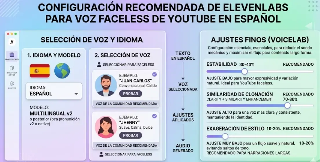 Configuración recomendada de ElevenLabs para voz faceless de YouTube en español
