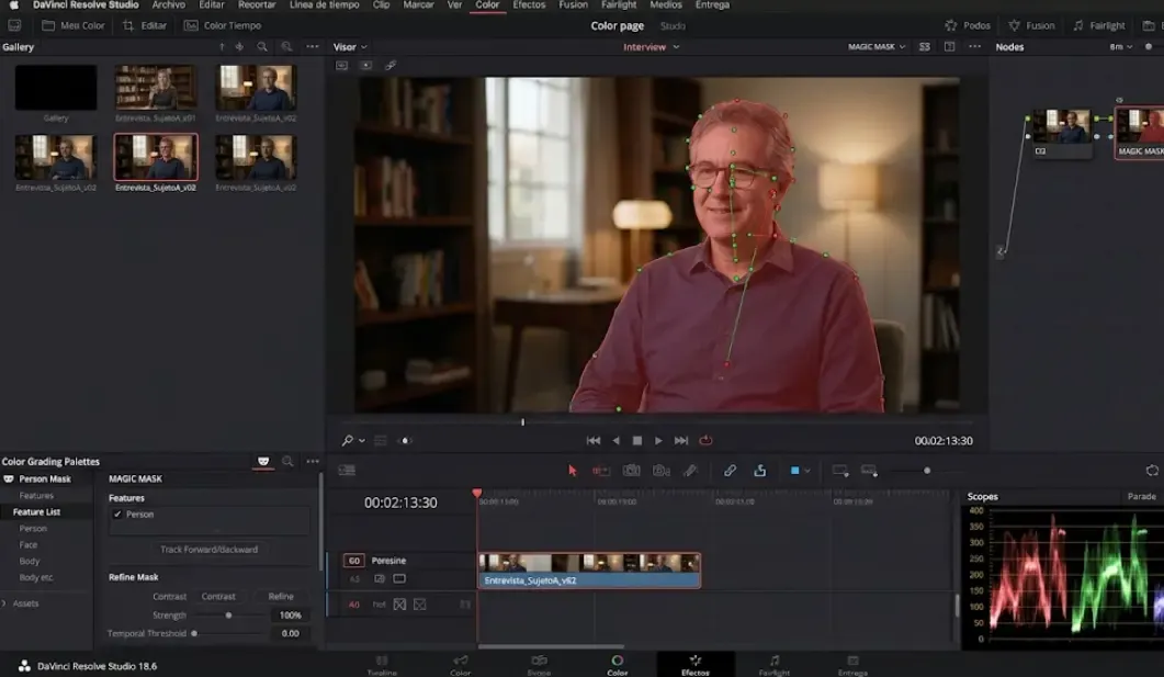 Interfaz de DaVinci Resolve con Magic Mask activo en un plano de entrevista (versión Studio)
