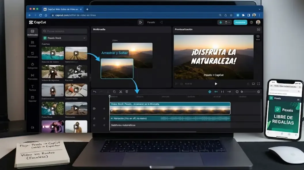 Ejemplo de vídeo faceless montado con CapCut Web y vídeo de stock de Pexels