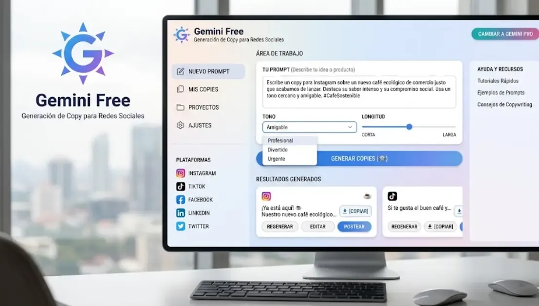 Interfaz de Gemini Free para generación de copy en redes sociales