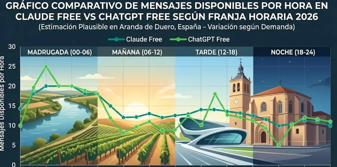 Gráfico comparativo de mensajes disponibles por hora en Claude Free vs ChatGPT Free según franja horaria 2026