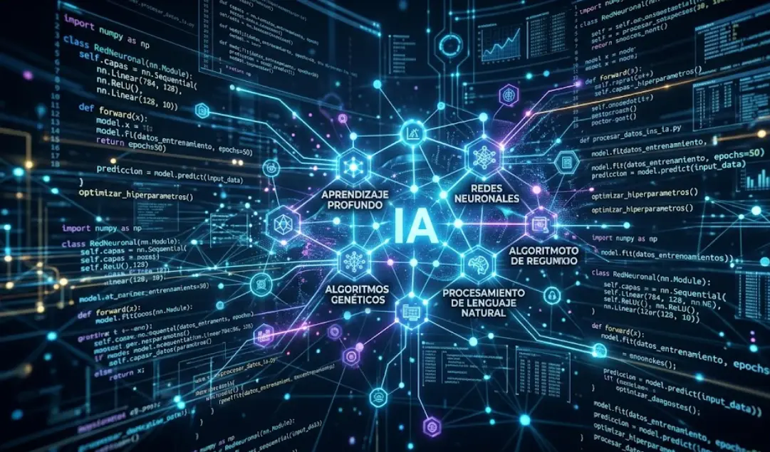 Líneas de código y nodos digitales representando IA en programación