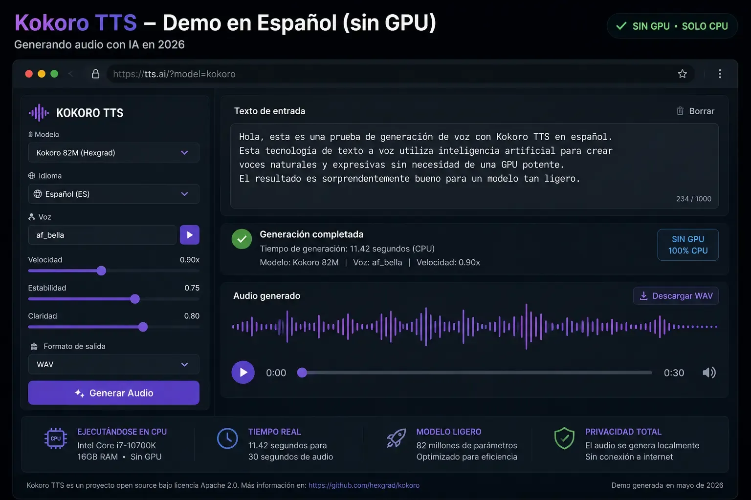 Demo de Kokoro TTS generando audio en español sin GPU en 2026