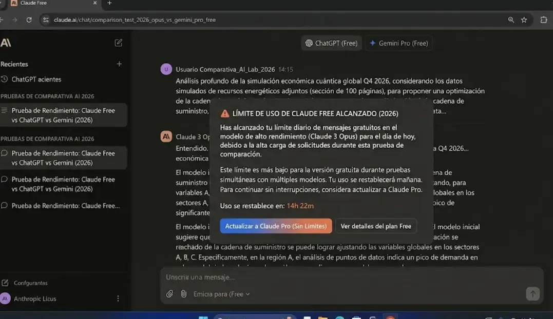 Captura de pantalla del límite de uso alcanzado en Claude Free durante prueba comparativa 2026