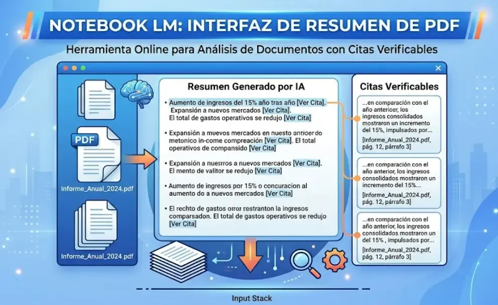 Interfaz de NotebookLM mostrando resumen de PDF con citas verificables
