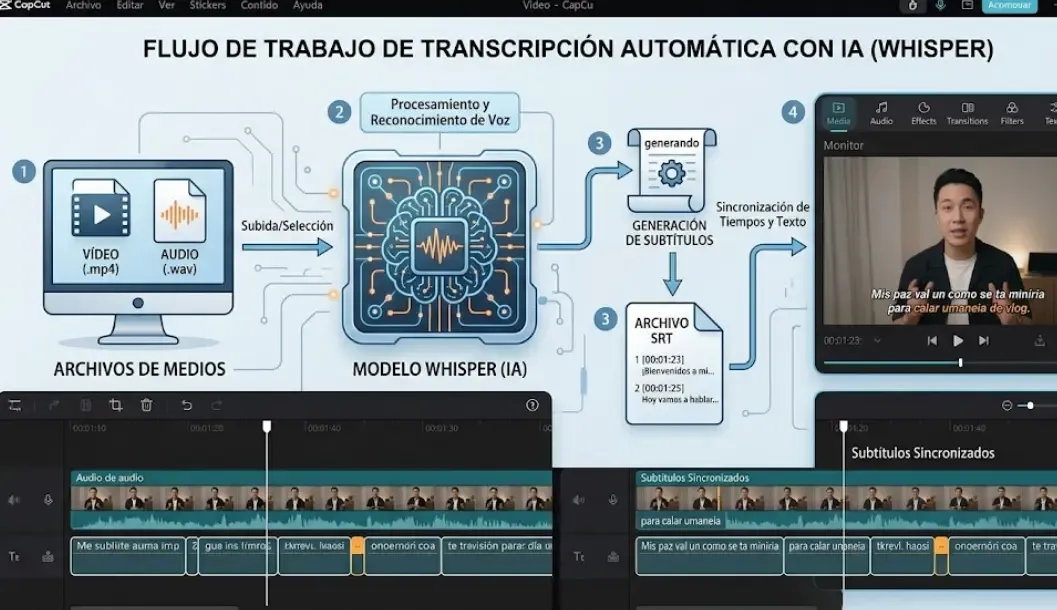 Esquema visual del proceso de transcripción automática con IA: del archivo de vídeo/audio al modelo Whisper, generación del SRT y sincronización en el editor de vídeo