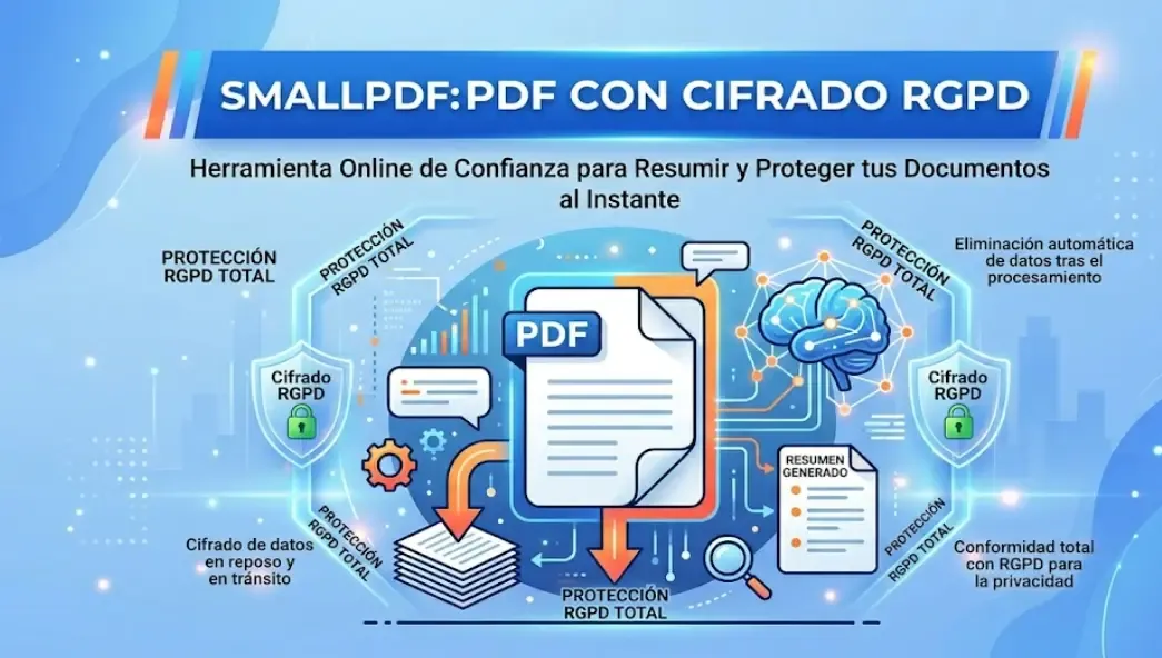Smallpdf AI resumiendo documento PDF con cifrado RGPD visible