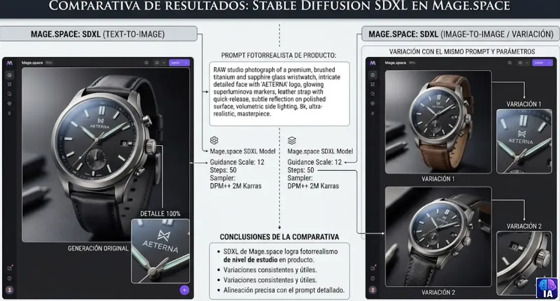Comparativa de resultados generados con Stable Diffusion SDXL en Mage.space usando prompt fotorrealista de producto