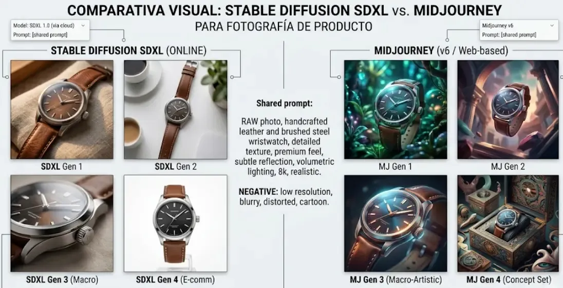 Comparativa visual de resultados entre Stable Diffusion SDXL online y alternativas como Midjourney para fotografía de producto