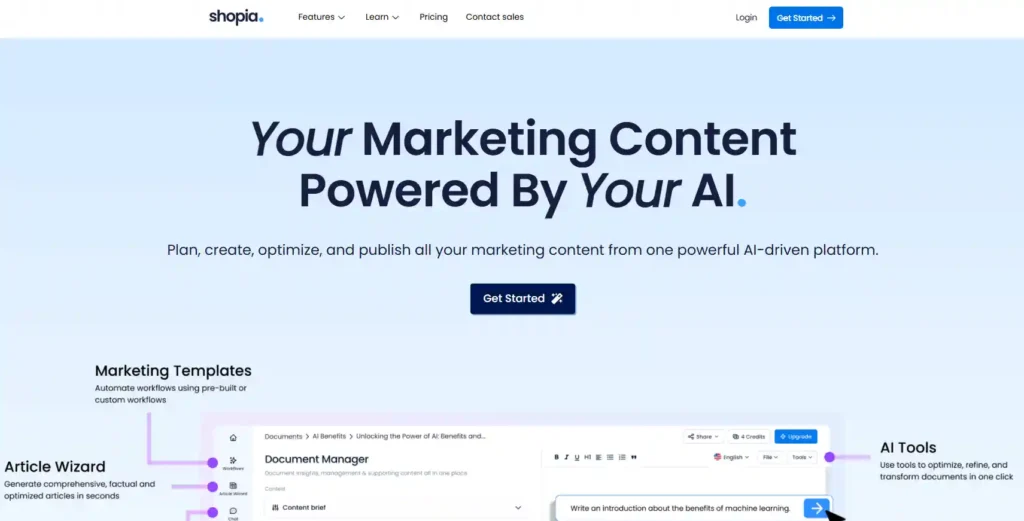 Interfaz de Shopia IA escritura generando contenido automáticamente.