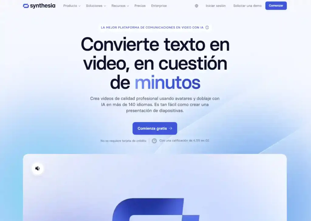 "Interfaz de Synthesia, herramienta de inteligencia artificial para crear videos educativos con avatares virtuales."